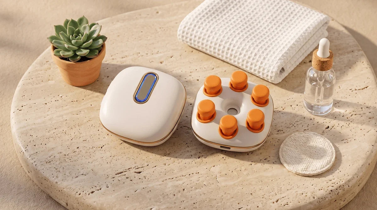 Complete guide to at-home eye area care devices featuring a handheld massager and wellness items.