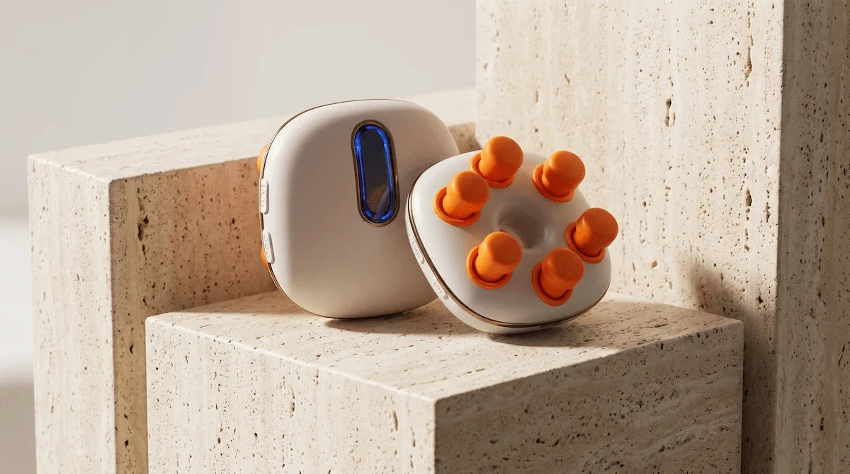 Premium display of a white handheld eye massager on a geometric stone pedestal.