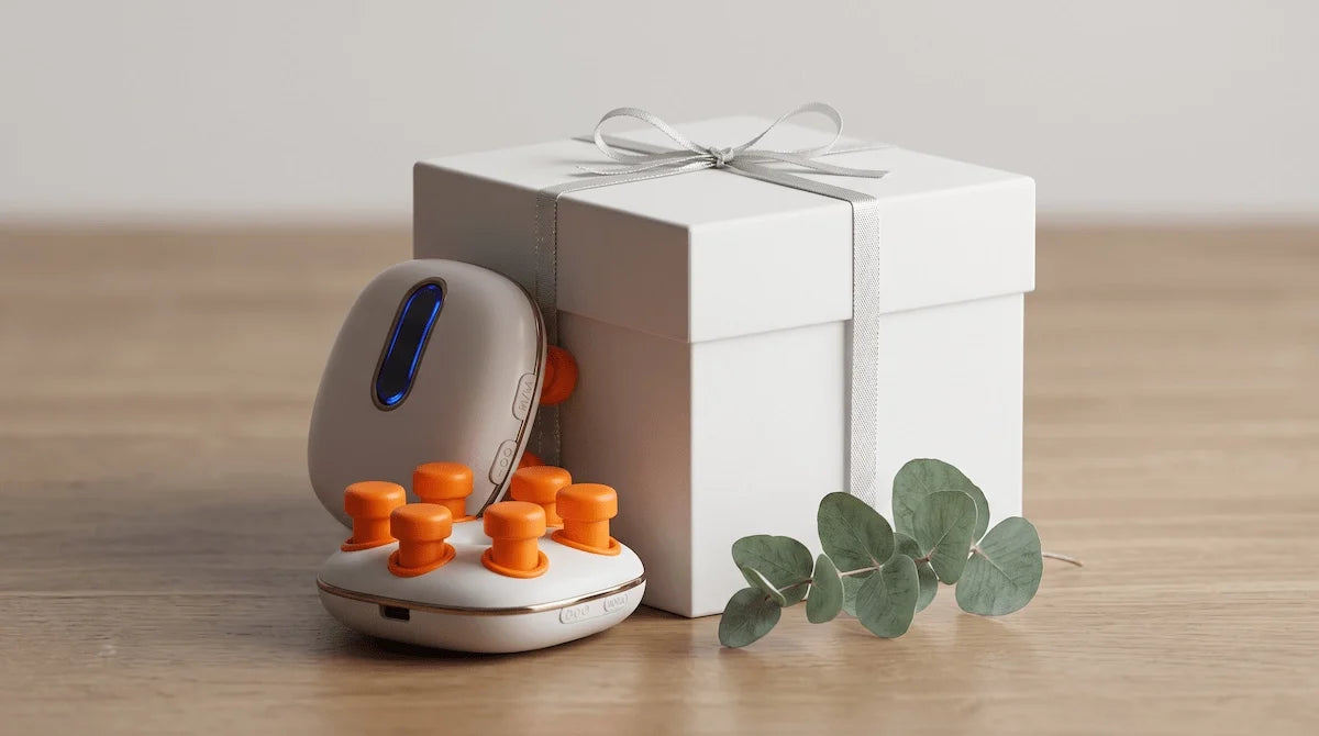 Handheld eye massager presented as a luxury gift next to a white box with a silver ribbon.