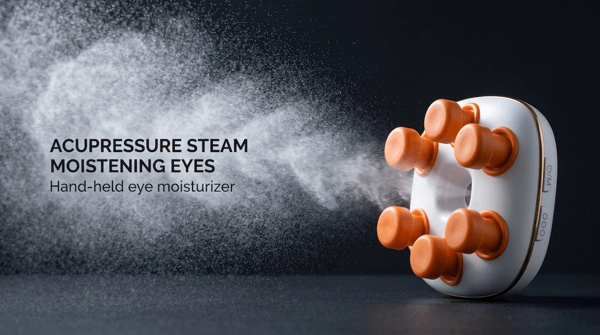 Close-up of a handheld eye massager emitting fine nano mist against a dark background.