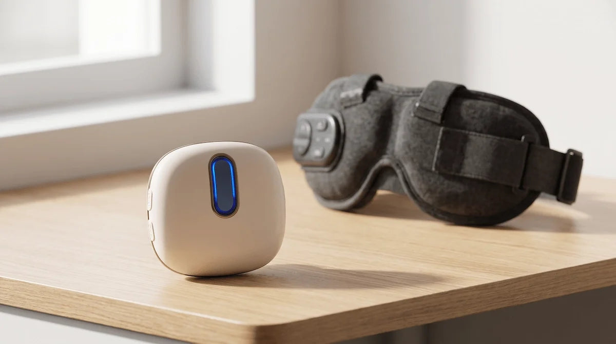 Size comparison between a compact handheld eye massager and a traditional wearable eye mask on a desk.