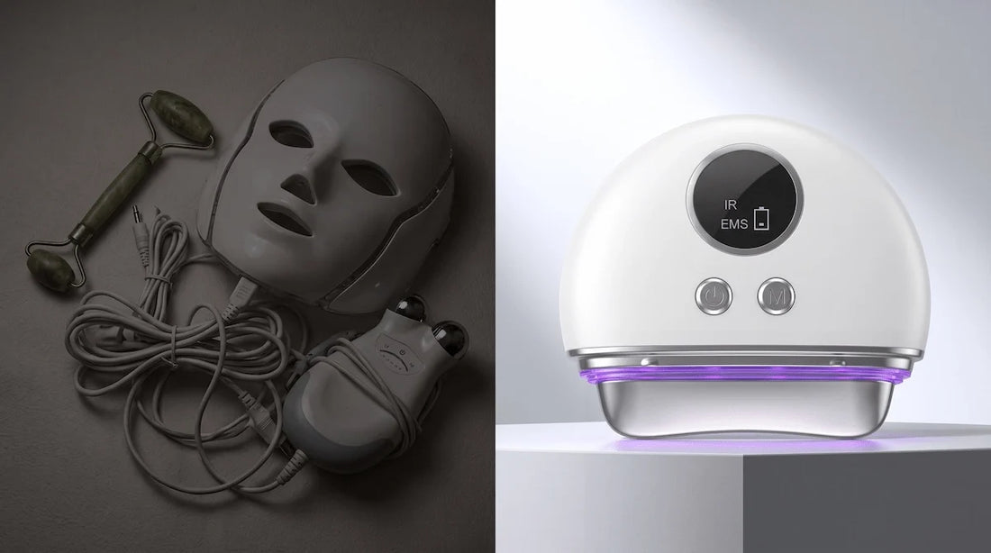 Comparison showing a single 4-in-1 EMS face massager replacing multiple single-technology skincare devices.