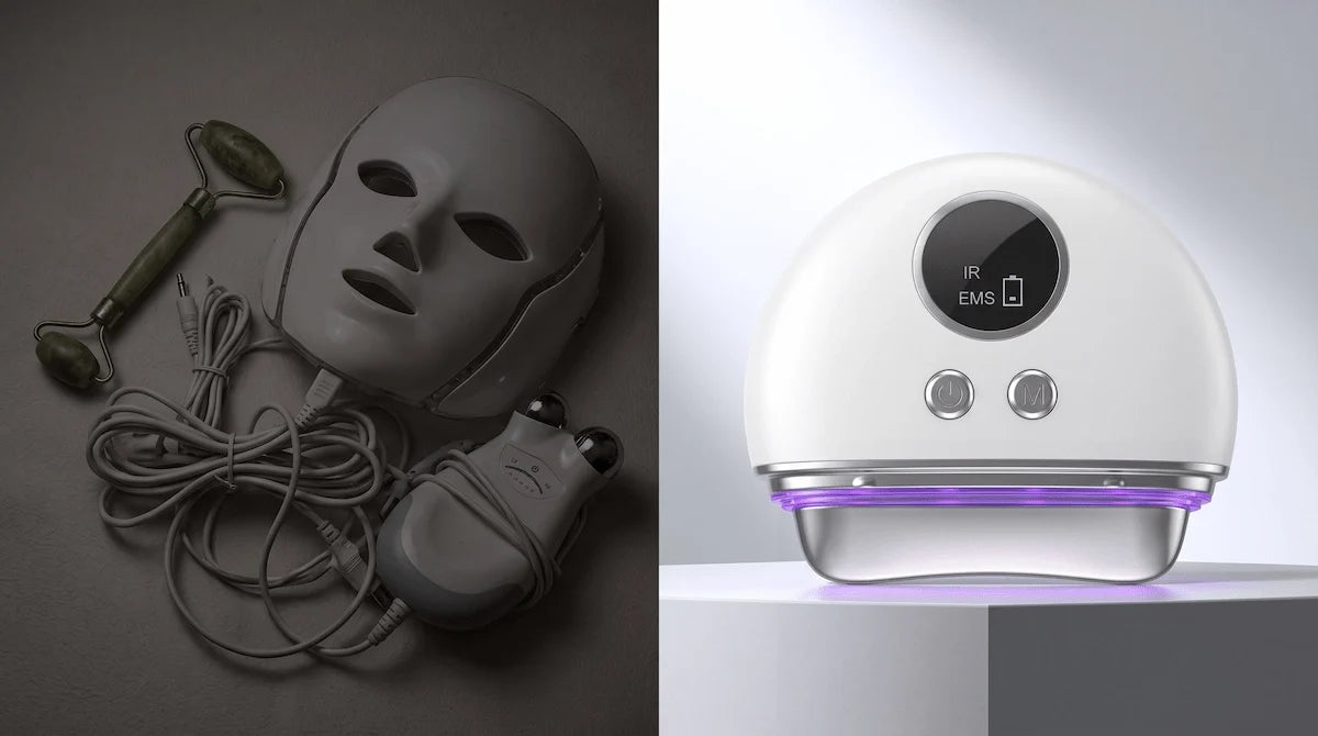 Comparison showing a single 4-in-1 EMS face massager replacing multiple single-technology skincare devices.