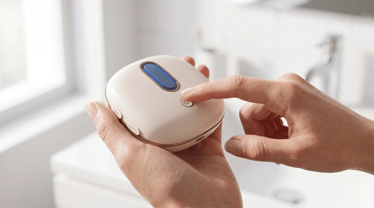A hand pressing the power button on a white handheld eye massager with mist.