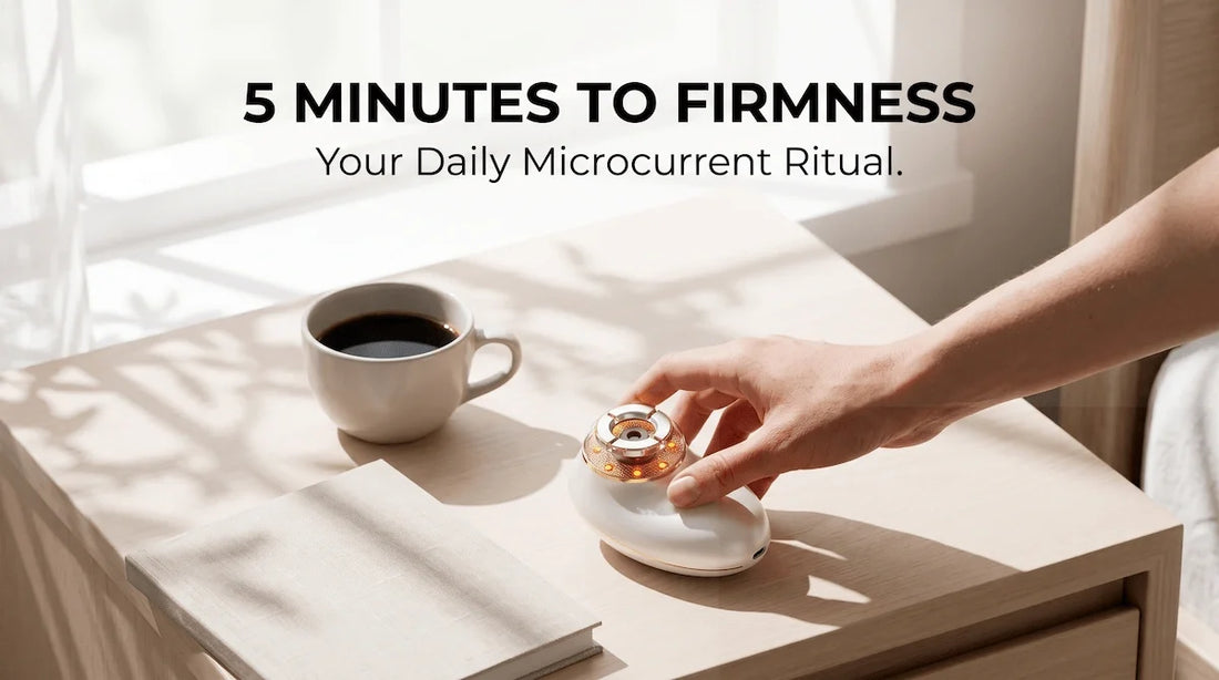 A morning routine setup featuring a cup of coffee and the ELEVAURE 4-in-1 EMS face massager on a nightstand, symbolizing a daily 5-minute skincare habit.