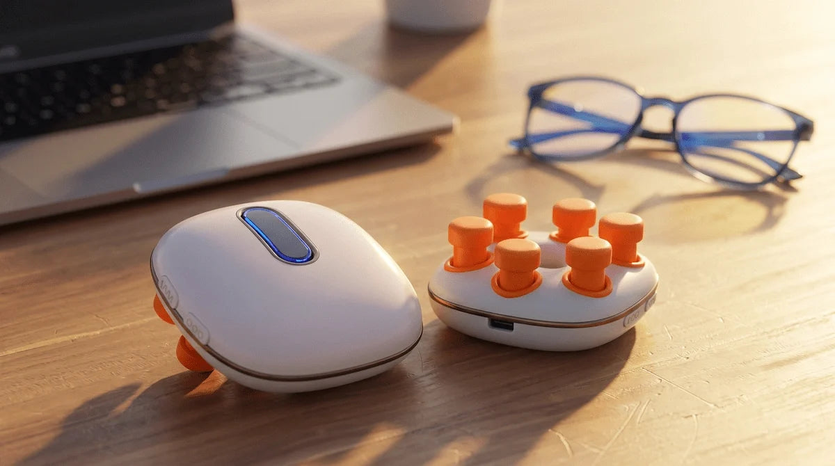Handheld eye massager resting on a modern desk next to a laptop after a long day of screen time.