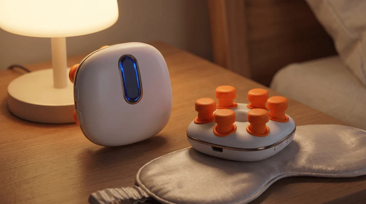 Handheld eye massager placed on a minimalist nightstand next to a warm bedside lamp.