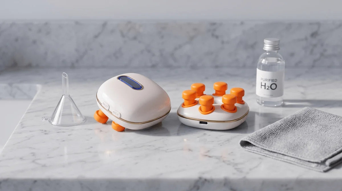 A white handheld eye massager next to a small filling funnel and cleaning cloth.