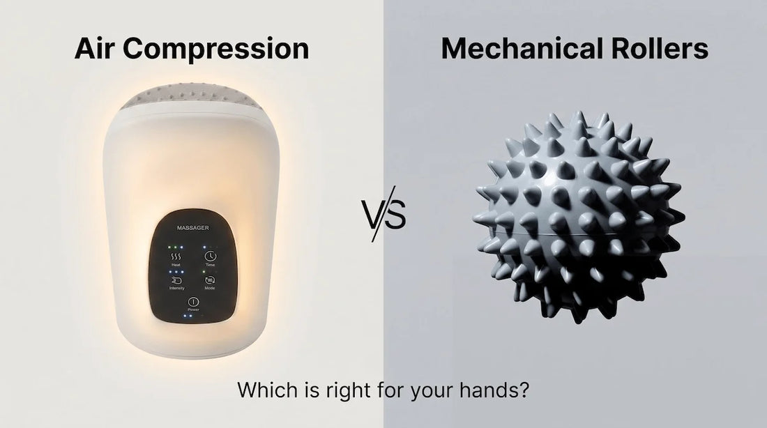 Side by side comparison of Elevaure air compression hand massager and a mechanical roller device.