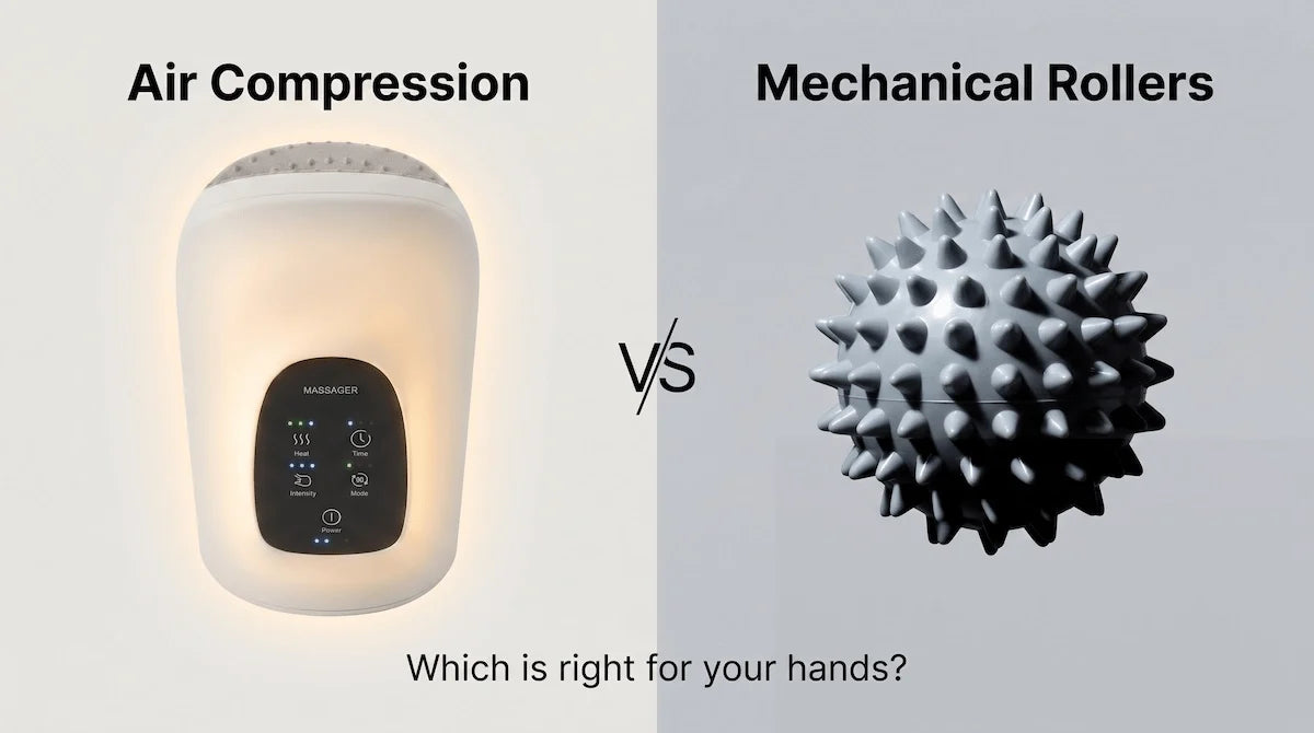 Side by side comparison of Elevaure air compression hand massager and a mechanical roller device.