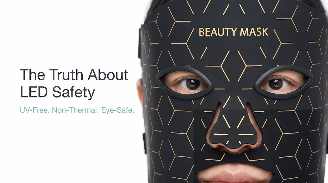 Woman safely using the Elevaure LED face mask, highlighting the built-in silicone eye protection cushions.