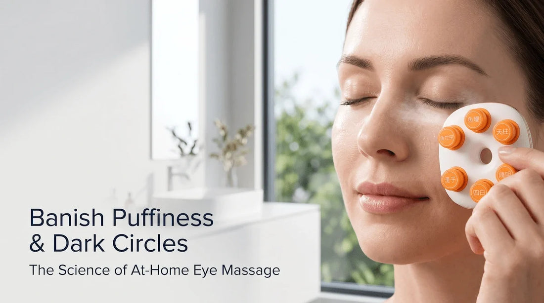 Woman using the Elevaure REVITALIZE eye massager and mist sprayer in the morning to reduce under-eye puffiness and dark circles.