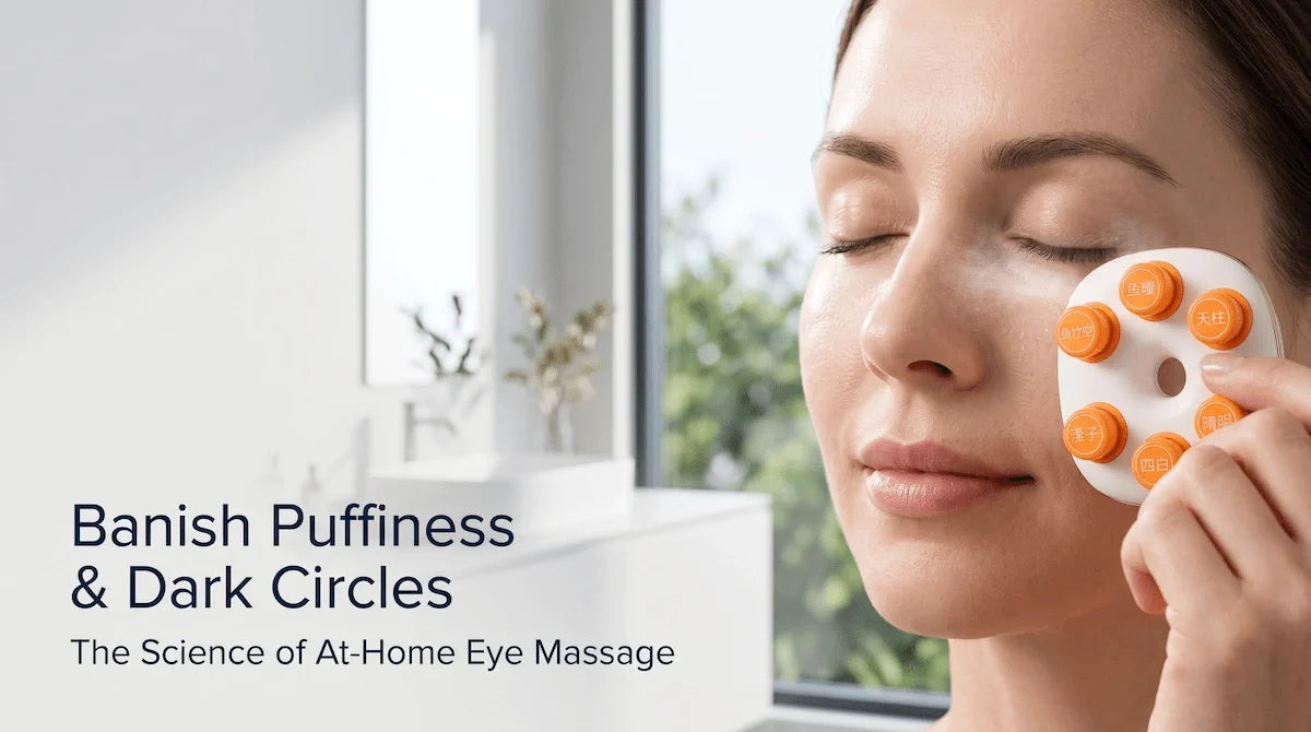 Woman using the Elevaure REVITALIZE eye massager and mist sprayer in the morning to reduce under-eye puffiness and dark circles.