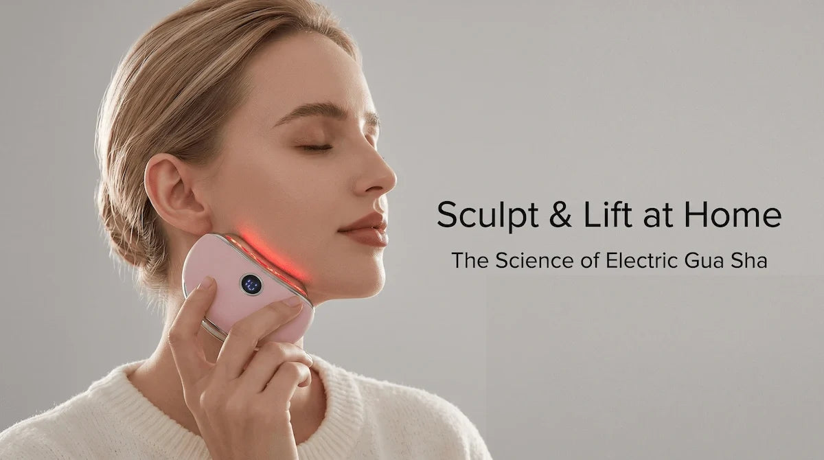 Woman using the Elevaure electric gua sha massager along her jawline for facial contouring and lifting.