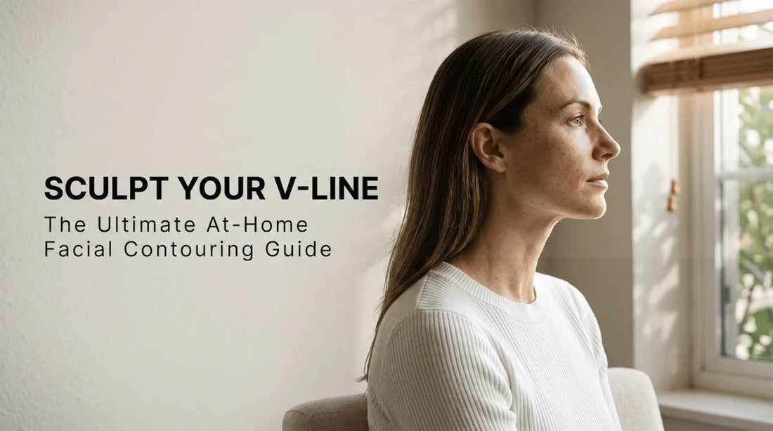 A confident woman demonstrating the results of an at-home facial contouring routine, highlighting a defined jawline without filters.