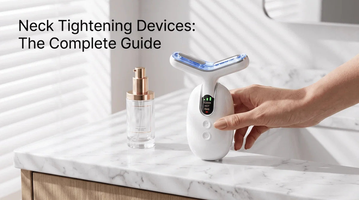 A sleek at-home neck tightening device resting on a modern vanity next to a serum bottle.
