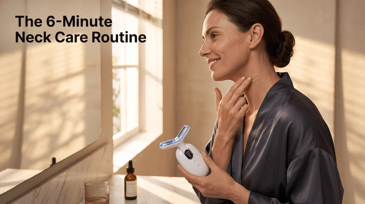 Woman in a silk robe applying conductive serum for her at-home neck tightening routine.