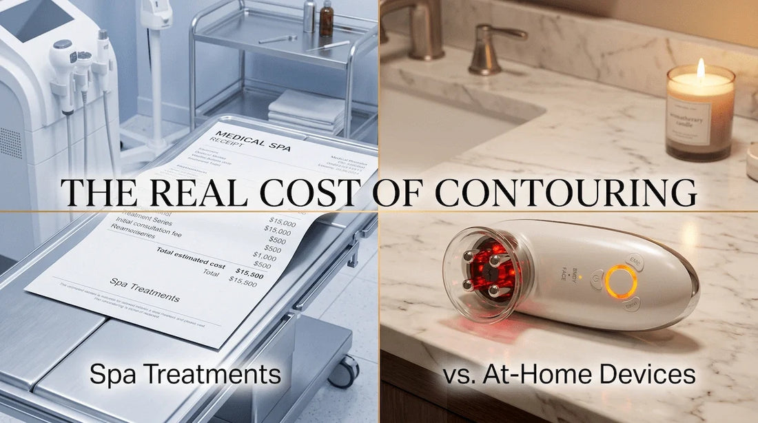 Split screen comparing the high cost of medical spa treatments against a one-time investment in an at-home sculpting device.