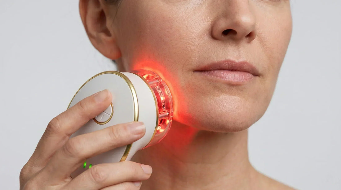 A macro shot demonstrating the benefits of 7 color led light therapy for face rejuvenation, highlighting the glowing red light on unretouched skin.