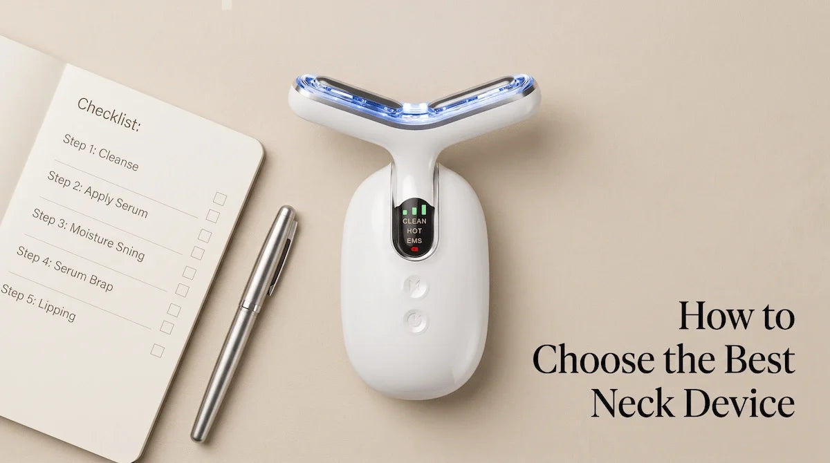 Flat lay of a premium neck tightening device and a checklist notebook for a buyer's guide.
