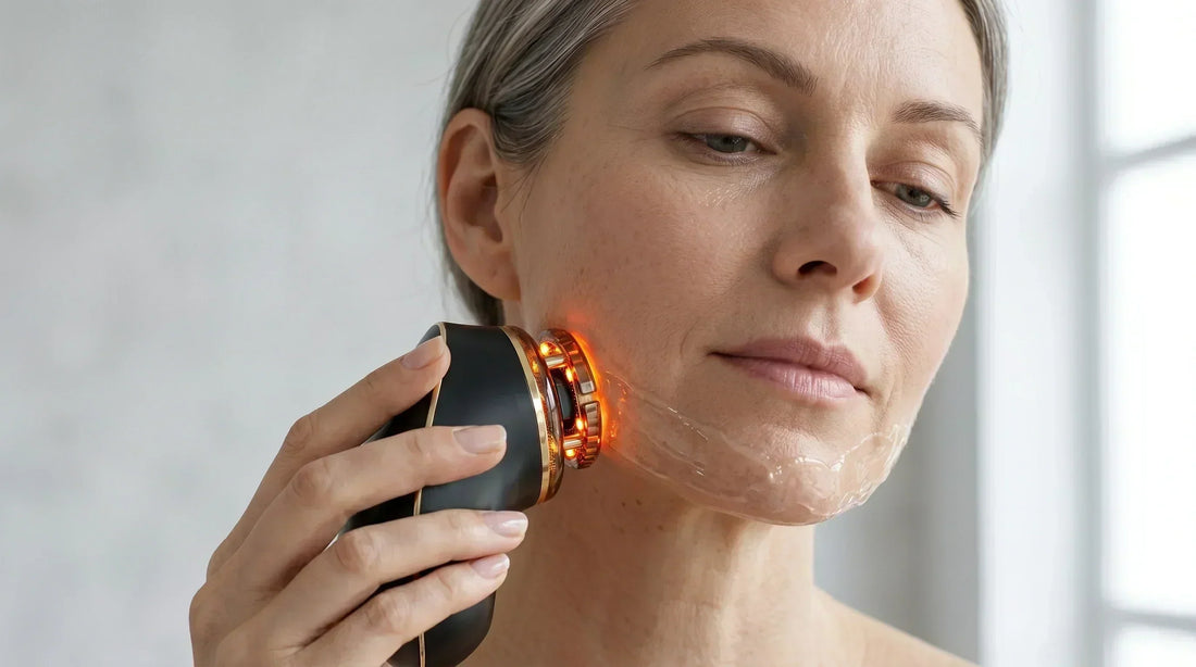 An elegant woman using a friction-free electric facial cupping tool, the ultimate facial gua sha alternative for lymphatic drainage.
