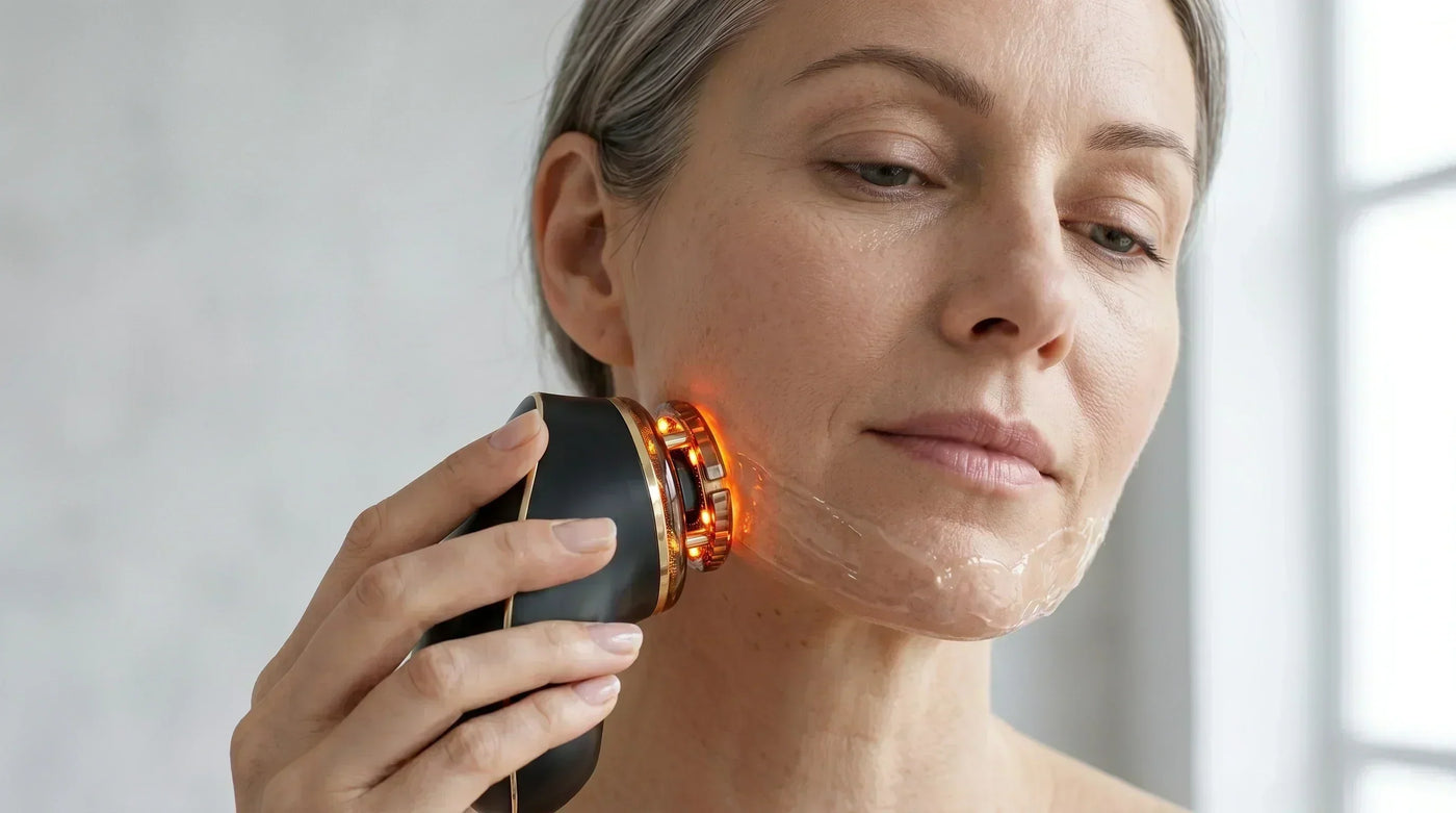 An elegant woman using a friction-free electric facial cupping tool, the ultimate facial gua sha alternative for lymphatic drainage.