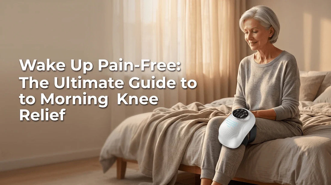 Older woman smiling in bed while using the Elevaure heated knee massager to relieve morning joint stiffness.