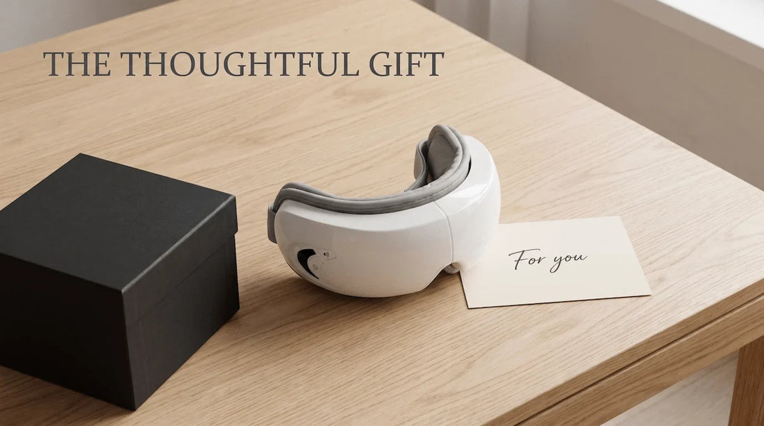 Elevaure portable wireless eye massager displayed next to a premium gift box and a card.