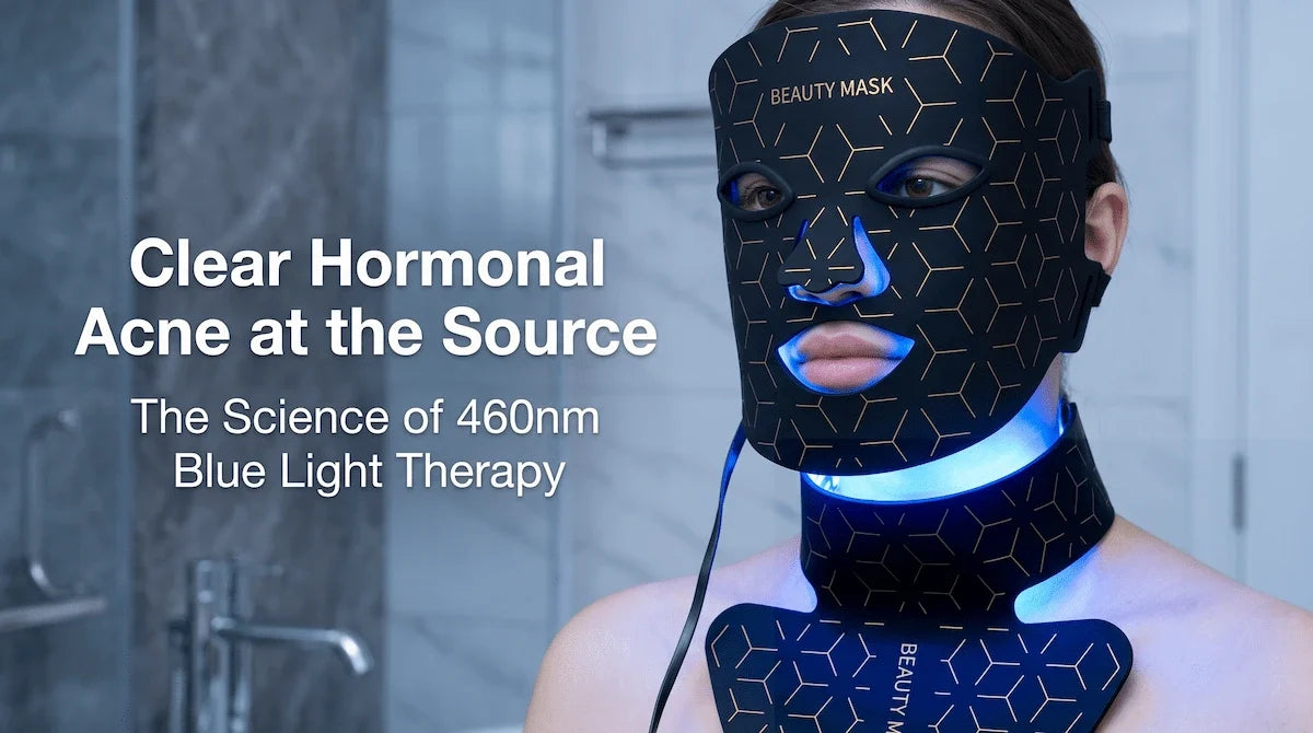 Woman using the Elevaure silicone LED mask with 460nm blue light to treat hormonal acne along her jawline.