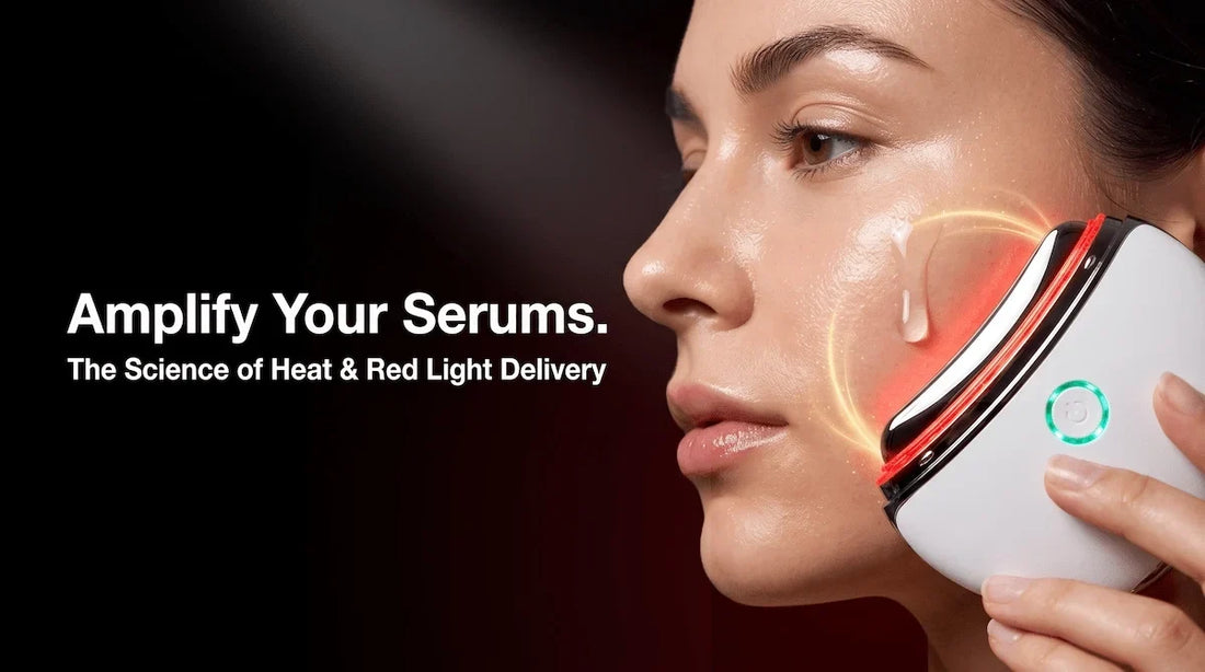 Close-up of a woman using the ELEVAURE red light and heat therapy device to boost the absorption of a facial serum.