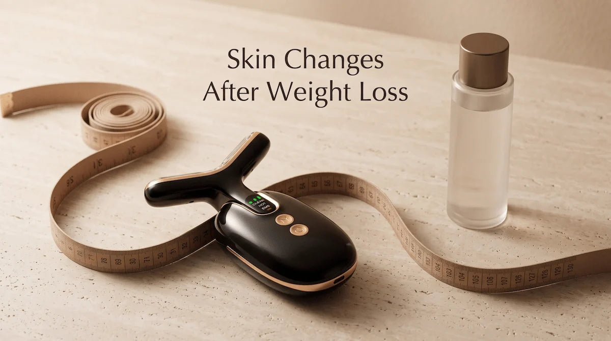Artistic flat lay representing factors of neck skin aging like sun exposure and posture.