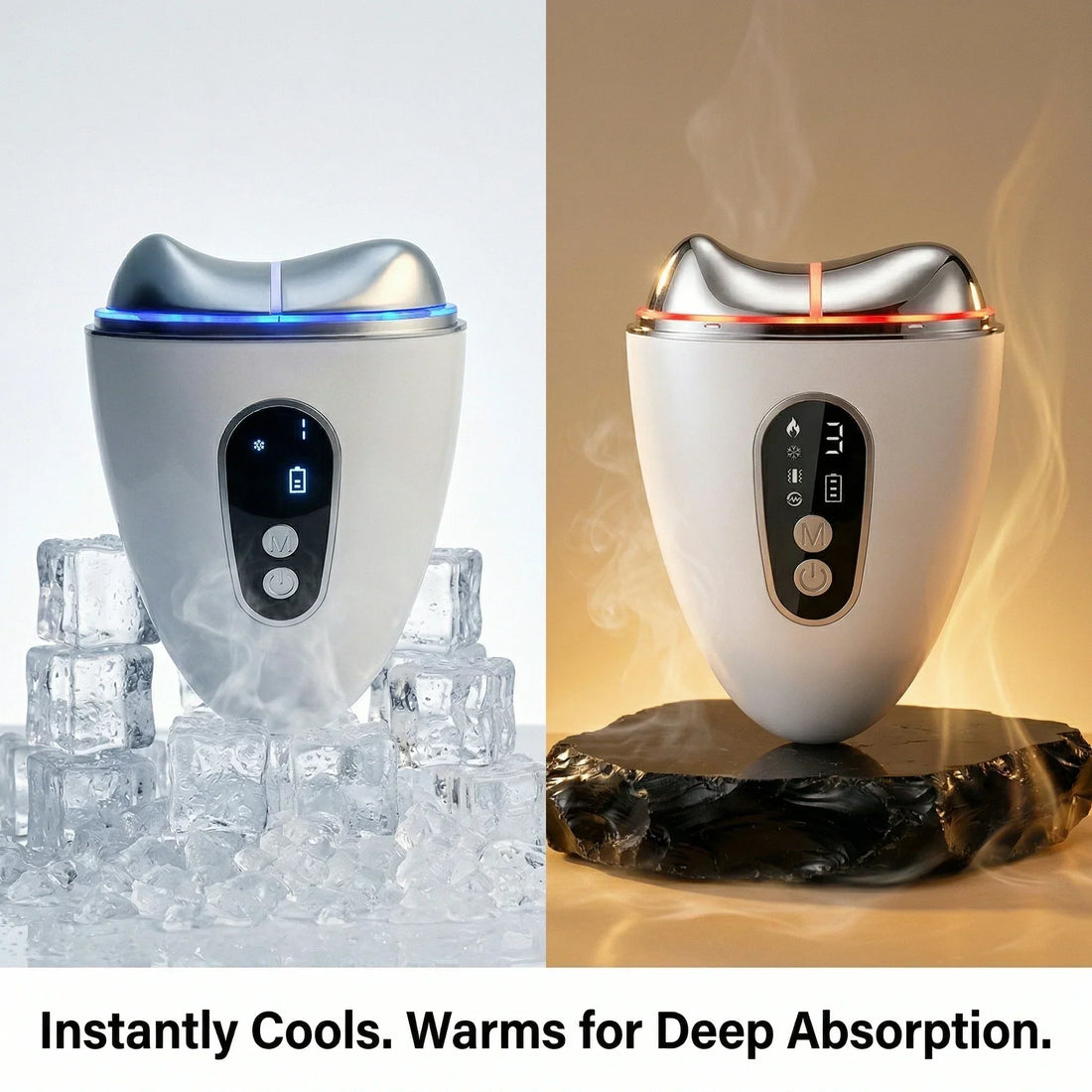 Two ELEVAURE devices demonstrating hot and cold therapy modes for skin — thermal and cryotherapy facial massage technology