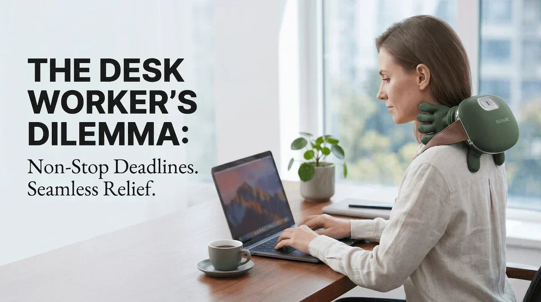 A professional actively typing on a laptop at a bright office desk while wearing a hands-free sage green neck massager, demonstrating seamless muscle relief during a busy workday.