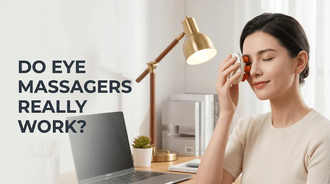 A tired office worker finding relief with a portable hydrating eye massager.