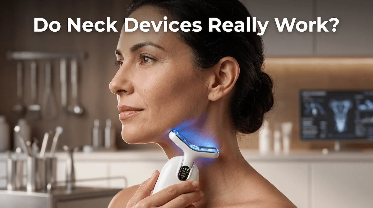Confident woman with realistic skin texture exploring the effectiveness of neck tightening devices.