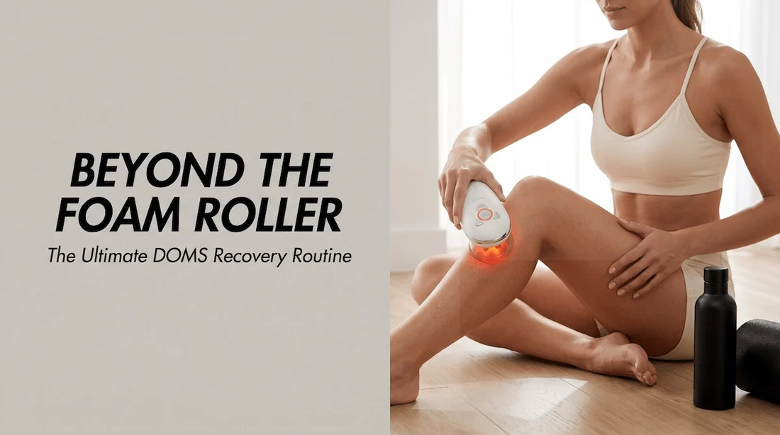 Athlete using Elevaure EMS and LIPO massager for post-workout DOMS recovery on legs.