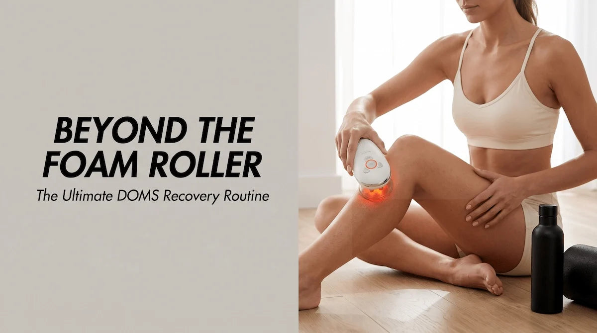 Athlete using Elevaure EMS and LIPO massager for post-workout DOMS recovery on legs.