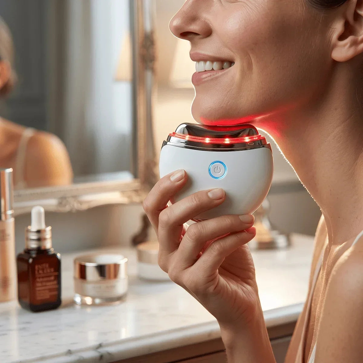 Electric gua sha massager for jawline sculpting at home — microcurrent and gua sha lifting techniques for V-face contouring and definition.