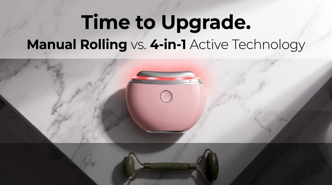 Flat lay comparison of a traditional manual jade roller next to the advanced, glowing Elevaure electric gua sha massager.