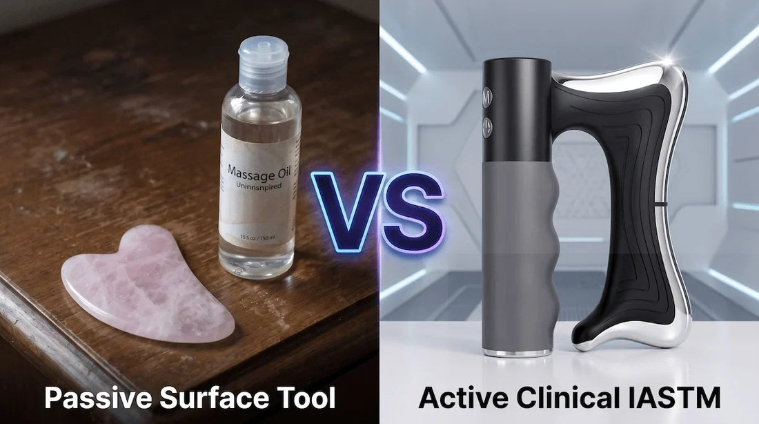 Comparison between a passive traditional gua sha stone and the Elevaure active electric IASTM muscle scraper.