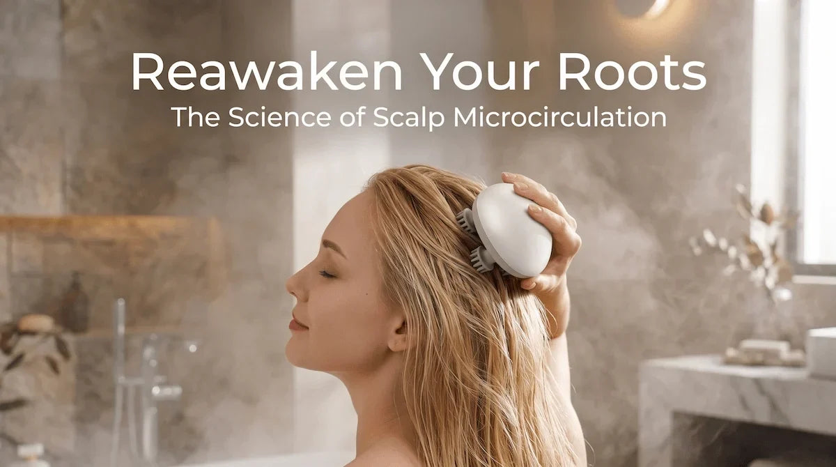 Woman relaxing in the shower while using the waterproof Elevaure electric scalp massager to stimulate hair follicles.