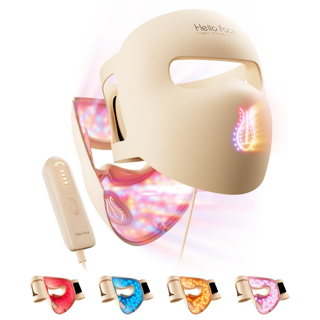 Four-wavelength LED phototherapy overview showing Blue, Amber, Red, and Near-Infrared modes on the 4D contoured LED face mask.