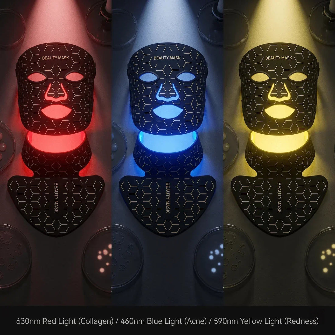 A three-panel split showing the Elevaure LED mask emitting 630nm red light for collagen, 460nm blue light for acne, and 590nm yellow light for redness.