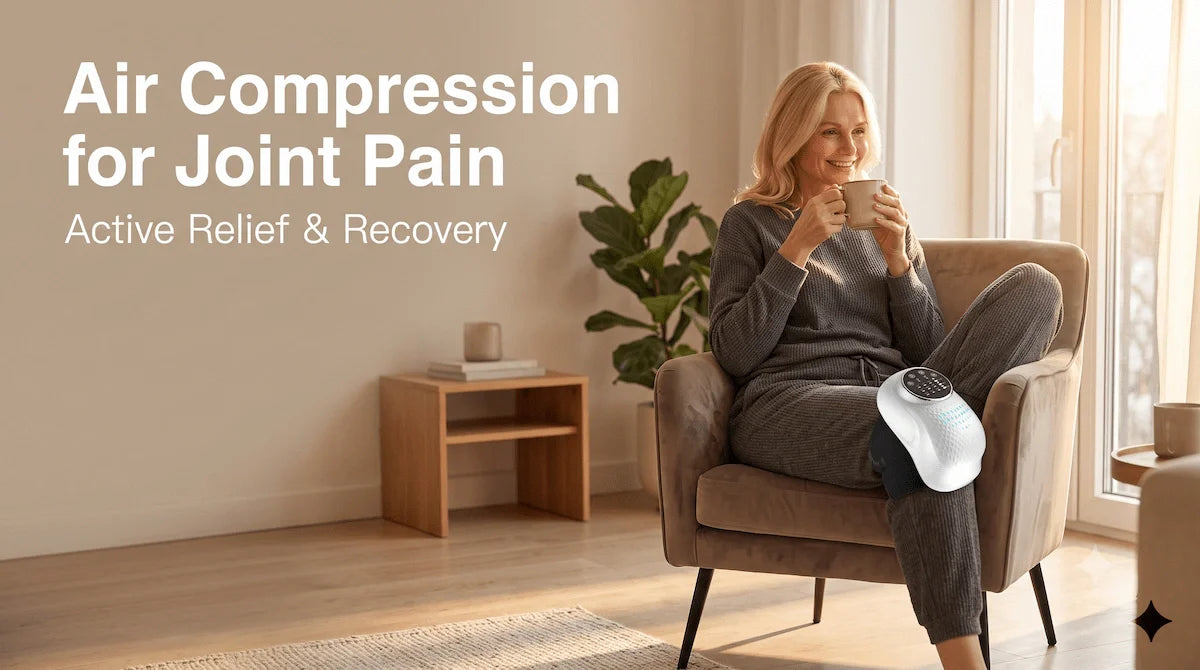 Woman relaxing in a bright living room using the Elevaure pearl white air compression knee massager to relieve morning joint pain.