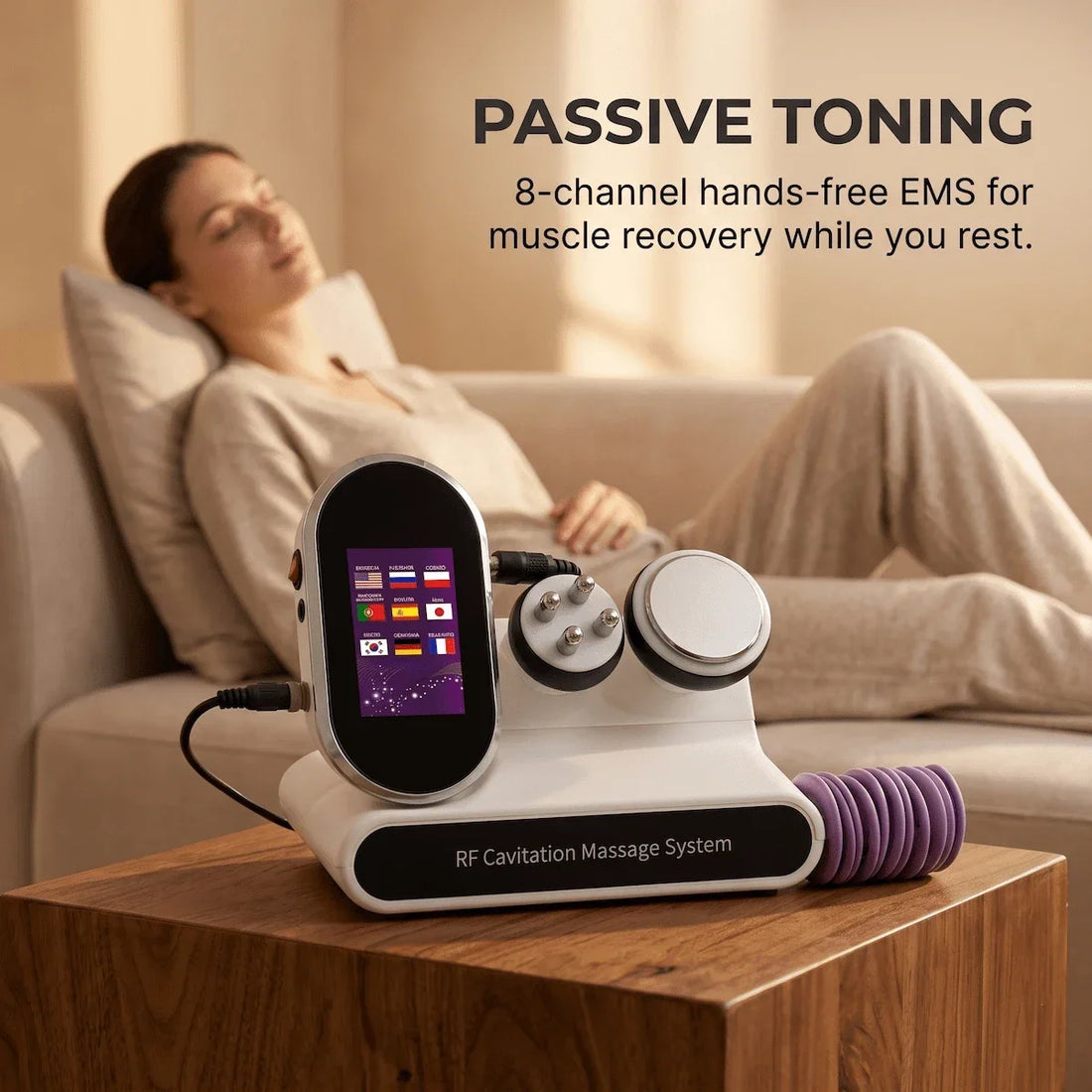 Elevaure body contouring system on a bedside table with a glass of water — representing the post-cavitation lymphatic support protocol: hydration, light movement, and rest to accelerate triglyceride elimination after ultrasonic cavitation treatment.