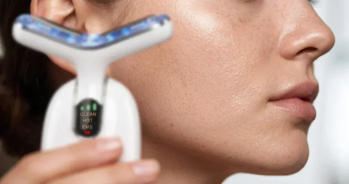 Macro close-up shot of a woman's flawless but raw skin texture on her jawline and cheek, glowing naturally under soft morning light, showcasing authentic glass skin results with a subtle out-of-focus edge of an ELEVAURE at-home wellness device.