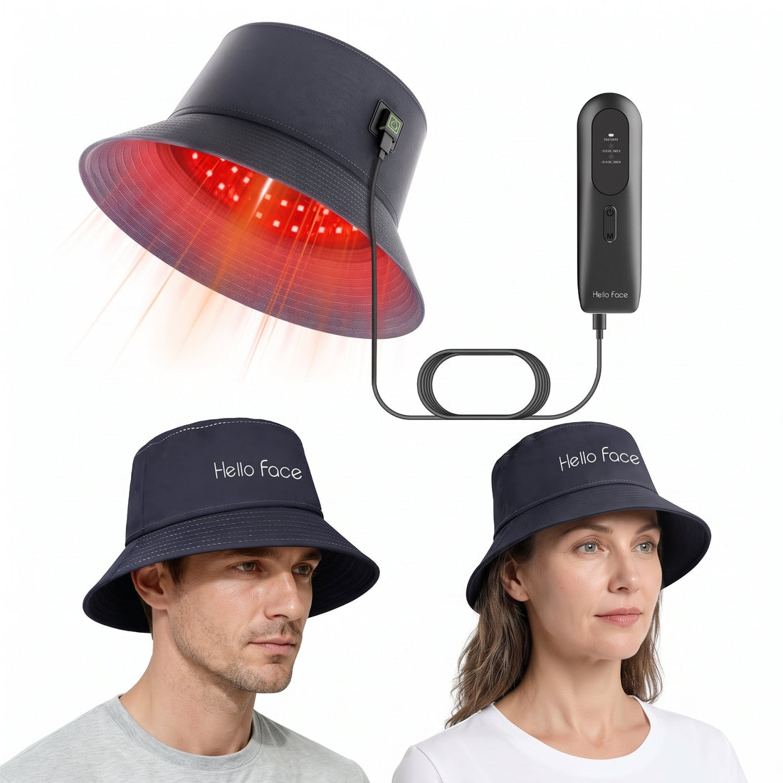 Unisex lifestyle showcase of ELEVAURE red light hair growth cap system comparing wearable and handheld modalities