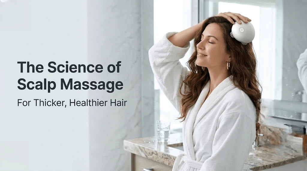 Woman in a bright bathroom using the Elevaure electric scalp massager to promote healthy hair growth and relaxation.