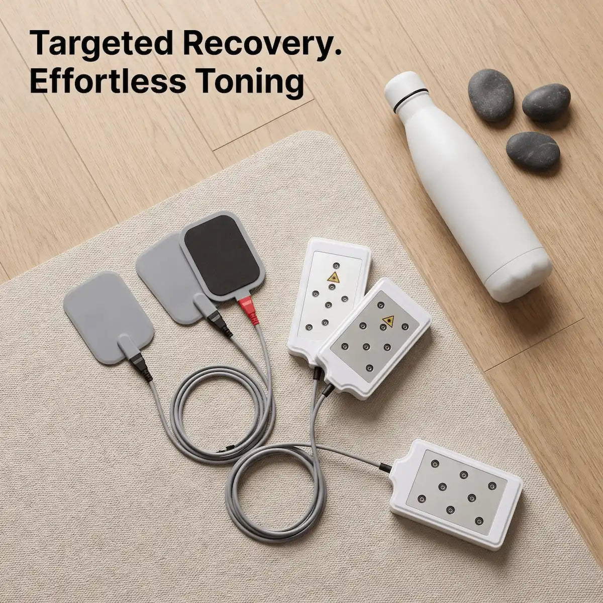 Elevaure diode laser lipolysis pads and EMS electrode flatlay — passive fat mobilization and muscle toning accessories for hands-free body contouring at home.