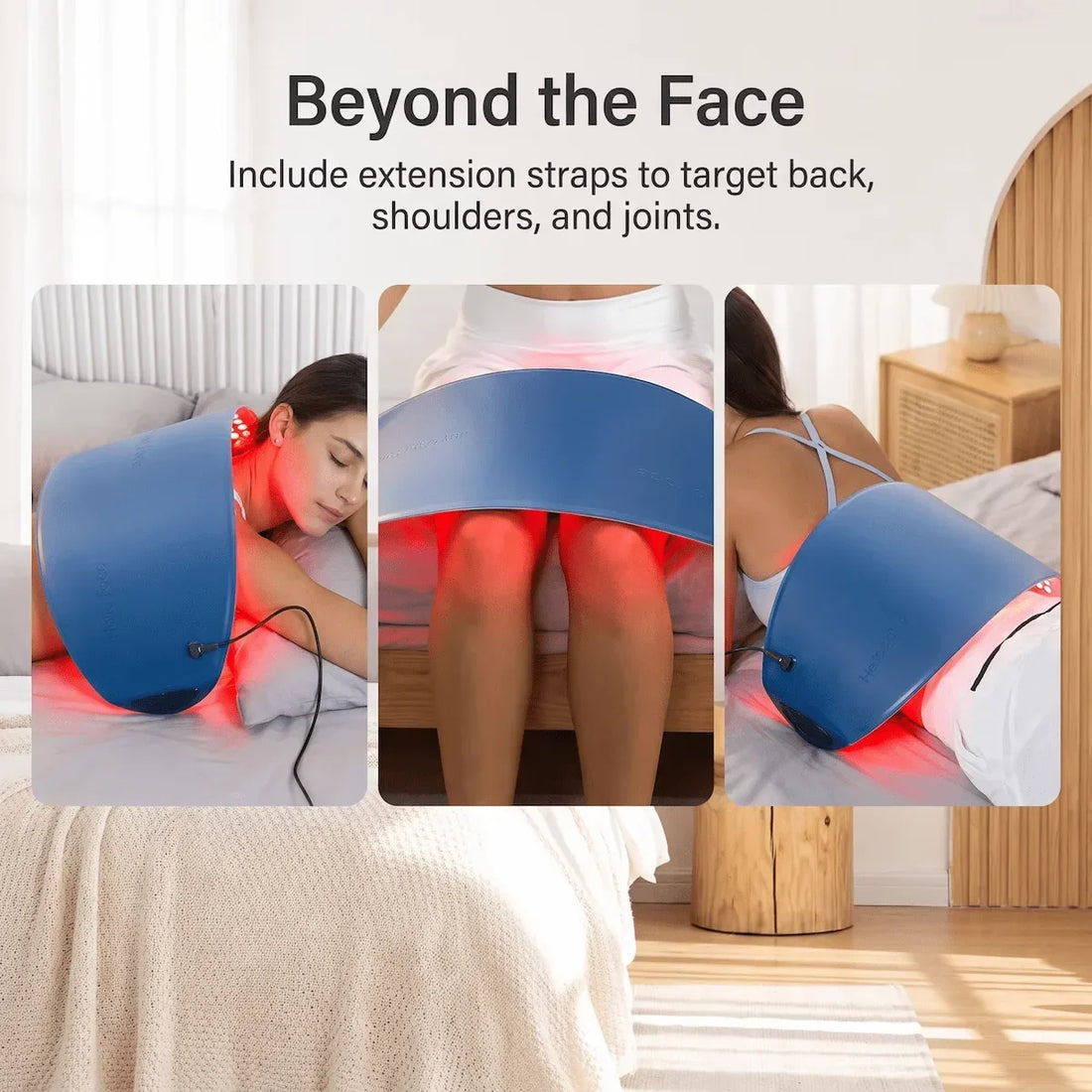 Four-panel overview illustrating gentle light therapy placement across multiple body areas.